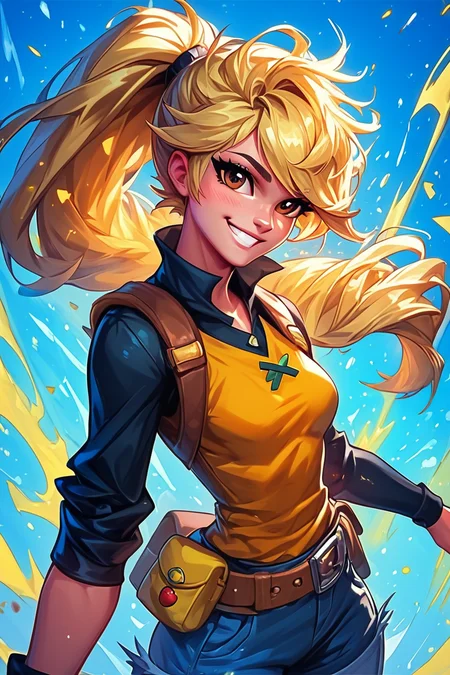 score_9, score_8_up, score_8, medium breasts, (curvy), cute, eyelashes, BREAK, , zzYellow, brown eyes, blonde hair, long hair, ponytail, bangs, orange tunic, brown belt, pants, <lora:Yellow_Pokemon_PDXL_v2:0.8>, , BREAK, embedding:zPDXL, Expressiveh, <lora:EnergyCAT:1.0>, solo, smile, looking at viewer, aura, blue sky, <lora:SDXLFaeTastic2400:0.5>, <lora:Expressive_H-000001:0.4>,