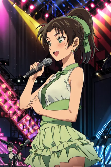 kazuhatv,1girl,solo,short hair,hair ribbon,ponytail,medium breasts,nose blush,sleeveless dress,earrings, indoors, banquet,stage,fantasy,stage lights, happy,microphone, singing,
<lora:kazuhatv:0.8>