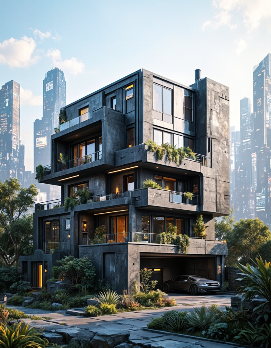 <lora:CWMinis01v2flux:1> cw01mini, cyberpunk, house, design, cyberpunk cityscape background, add on wall, vegetation, day, low angle shot,