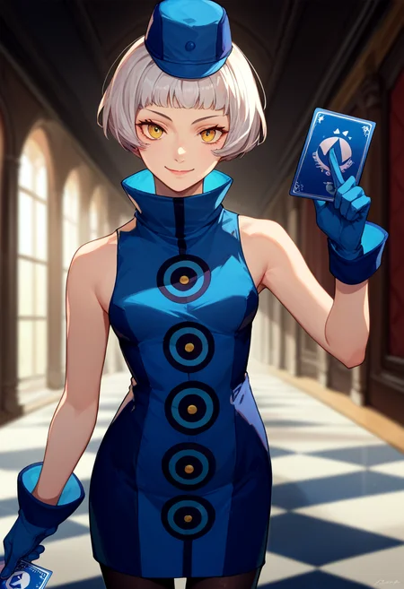 score_9, score_8_up, score_7_up, solo, 1girl, p3elizabeth, slight smile, looking at viewer, standing, holding card, hat, blue dress, sleeveless dress, blue gloves, black pantyhose <lora:persona3_elizabeth_ponyXL:1>