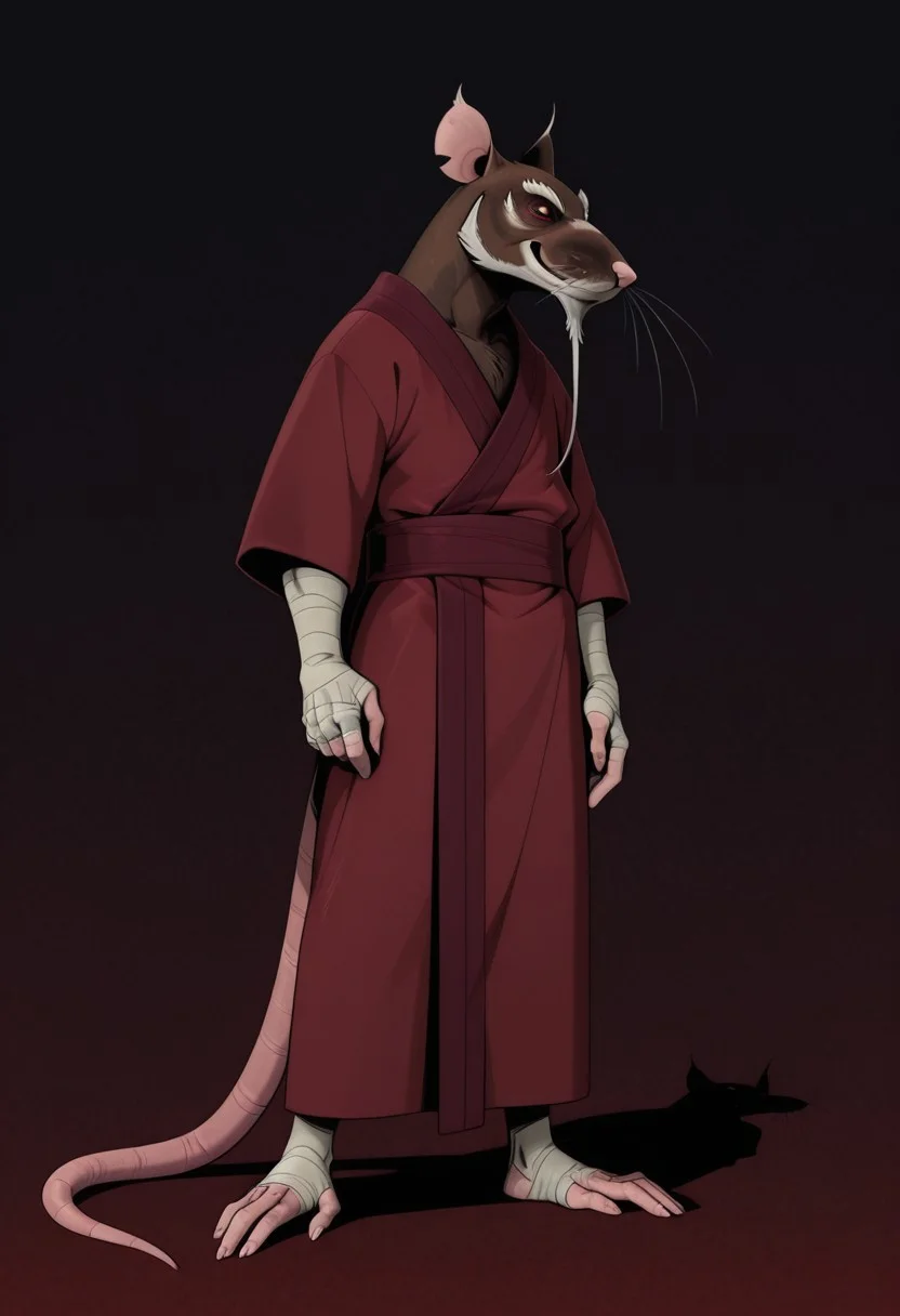 MasterSplinter2012, brown fur, rat, animal, 1boy, male focus, furry male, rat tail, red eyes, detailed eyes, seductive, sash, bandages on arms, score_9, score_8_up, score_7_up, score_6_up, score_5_up, score_4_up, (red robe:1) ,standing up, plantigrade, (white eyebrows:1.4),  (fullbody:1), light effects, simple background, smiling at viewer, (white chin:1), (detailed face:1), (long white beard:1.2), bandages on hands, face focus, whiskers, seductive, (no background:1.2)