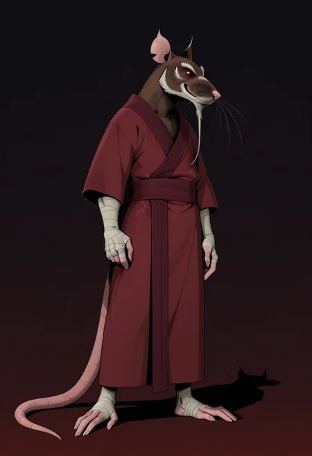 MasterSplinter2012, brown fur, rat, animal, 1boy, male focus, furry male, rat tail, red eyes, detailed eyes, seductive, sash, bandages on arms, score_9, score_8_up, score_7_up, score_6_up, score_5_up, score_4_up, (red robe:1) ,standing up, plantigrade, (white eyebrows:1.4), (fullbody:1), light effects, simple background, smiling at viewer, (white chin:1), (detailed face:1), (long white beard:1.2), bandages on hands, face focus, whiskers, seductive, (no background:1.2)