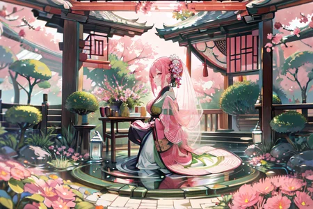 highly insanely detailed, masterpiece, top quality, best quality, highres, 4k, 8k, RAW photo, (very aesthetic, beautiful and aesthetic),  
(code_style,codestyle),japanese text,english text,traditional chinese text,(sympattern,geometric pattern:1.2), 
<lora:CodeStyle (half generic class)_564920:0.6>, 
(1girl:1.3), 1other, 
Garden Pavilion,Tranquil space with a bubbling fountain at its center,lush greenery winding along trellises,mosaic tiles creating intricate patterns on the ground,woven wicker furniture with plush cushions,and the sweet scent of blooming flowers,(pure pink background,transparent background:1.2),âââ