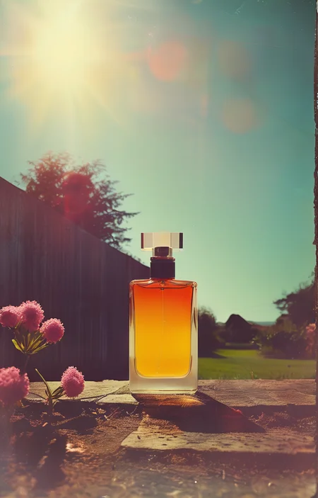 masterpiece,best quality,<lora:tbh252-sdxl:0.9>,illustration,style of Solargram A bottle of perfume in garden
