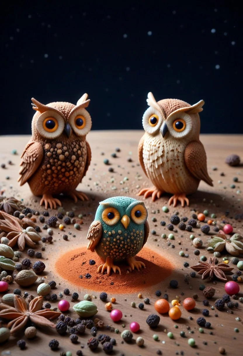A highly detailed, vibrant funny Owl made of herbs floating in space, Herbs_Morf, strange little creatures