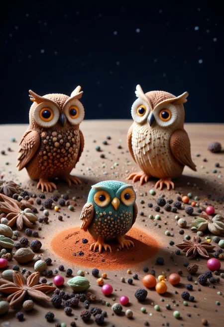A highly detailed, vibrant funny Owl made of herbs floating in space, Herbs_Morf, strange little creatures