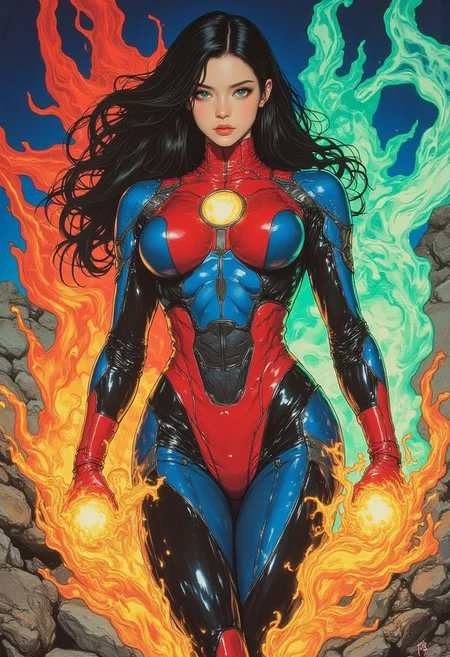 (digitally illustrated drawing) pingtu style, illustration-fen, niji, gothic, erotic, anime, A powerful, digitally illustrated drawing of a female version of Captain Planet, standing confidently in a heroic pose, surrounded by swirling elemental forces of earth, fire, wind, water, and heart. Her skin is a radiant metallic blue, with sleek, glowing highlights that emphasize her strong, athletic build. Her hair, a vibrant cascade of green, flows upward, alive with energy, resembling a radiant aura that shifts with the elements. Her eyes, glowing with an intense turquoise light, reflect determination and compassion.
She wears a form-fitting suit with red armor over her chest, bearing the same iconic yellow globe emblem that pulses with energy. The suit, a blend of sleek red and deep blue, features intricate patterns that hint at both her power and grace. Her dynamic pose captures her as she stands firm, surrounded by swirling elemental energies, each force glowing and dancing in the air. The background bursts with vivid colors: fiery reds, electric blues, swirling greens, and soft earth tones, creating a sense of balance and vibrant energy. Her aura exudes a sense of leadership and protection, merging strength with environmental harmony, as she embodies the essence of a new, powerful protector of the Earth.