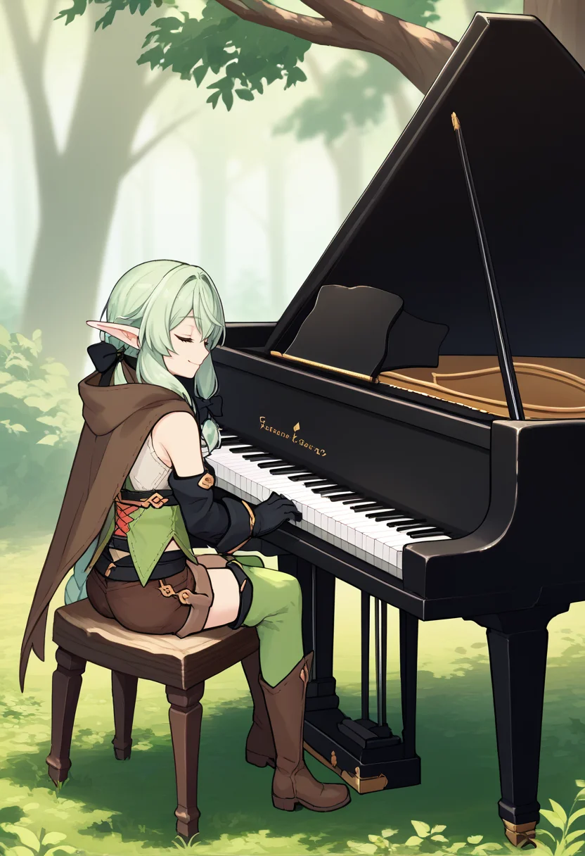 score_9, score_8_up, score_7_up, source_anime BREAK 1girl, solo, <lora:grandpiano-concept-richy-v1_pdxl:1> grand piano, sitting, playing piano, forest, fantasy, pointy ears, <lora:gself-pdxl-nvwls-v1:0.8> gsElf, pointy ears, green hair, sidelocks, ponytail, black bow, brown cloak, sleeveless shirt, cross-laced shirt, single sleeve, black gloves, brown shorts, green thighhighs, brown boots, full body, tree, stump, smile, closed mouth, closed eyes,