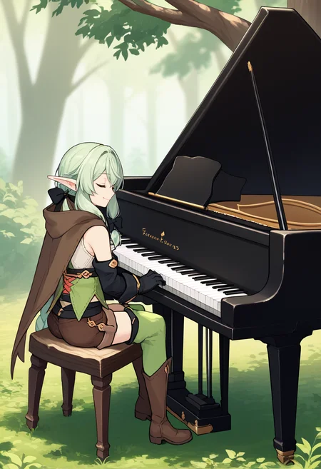 score_9, score_8_up, score_7_up, source_anime BREAK 1girl, solo, <lora:grandpiano-concept-richy-v1_pdxl:1> grand piano, sitting, playing piano, forest, fantasy, pointy ears, <lora:gself-pdxl-nvwls-v1:0.8> gsElf, pointy ears, green hair, sidelocks, ponytail, black bow, brown cloak, sleeveless shirt, cross-laced shirt, single sleeve, black gloves, brown shorts, green thighhighs, brown boots, full body, tree, stump, smile, closed mouth, closed eyes,