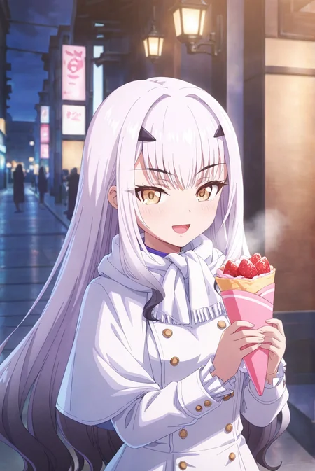melusine \(fate\),1girl,forked eyebrows,long hair,white hair,looking at viewer,bangs,solo,open mouth,dress,smile,sidelocks,brown eyes,small breasts,food,capelet,long sleeves,white dress,crepe,scarf,blush,breasts,buttons,white capelet,frills,double-breasted,<lora:FGO_Spring2025_NewMaster_PromoStyle:0.8>,fgo_spring2025_newmaster_promostyle,cinematic_angle,depth of field,upper_body,close-up,night,streets of prosperity,warm atmosphere,, masterpiece,best quality,amazing quality,