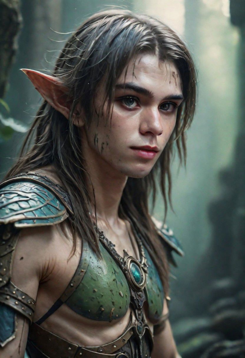 photography in the style of Labirynth, the dark crystal  movies, green, close up of (nature) and (fantasy) creature with a (diminute) sword stained with (detailed:1.5), in a beautiful and ruined ,fantasy,hyper detailed, real skin imperfections, hard lighting, bokeh, ((curi:1.2))(inspire forms in most beautiful New race:1.4) (beautiful:1.4) (ambient fantasy:1.5)(warhammer world:1.0)