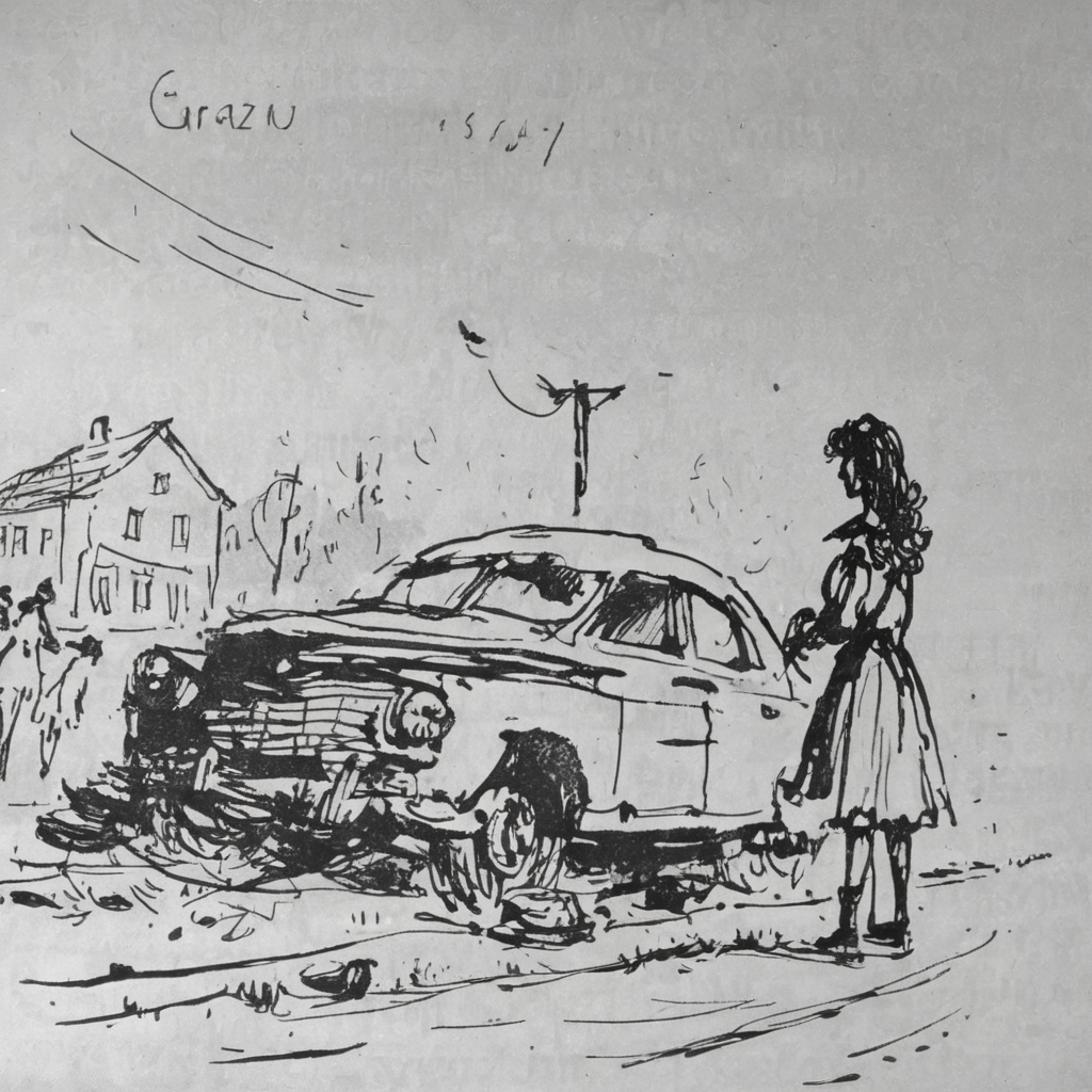 grabianski-sk girl stands on the road near an old broken car, sketch<lora:grabianski-sk:1>
