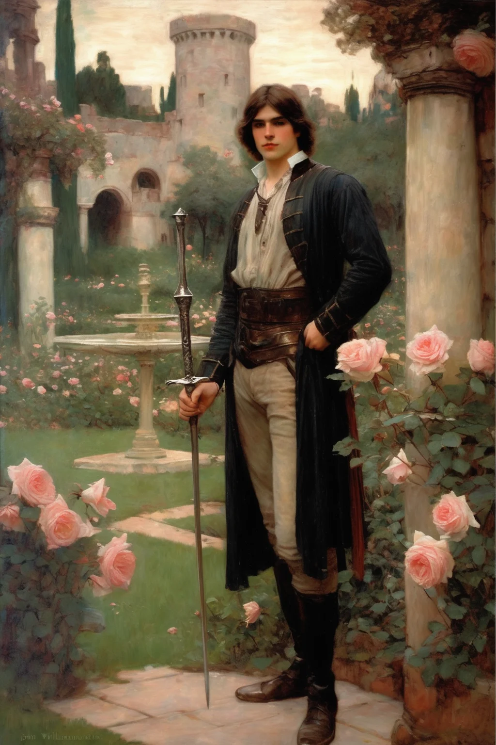 John William Waterhouse Style - #294448 A romantic oil painting by John William Waterhouse depicting a lush garden filled with blooming roses. A handsome man in period clothing stands before an ancient castle, holding a gleaming silver spear. Soft, ethereal lighting enhances the dreamlike atmosphere.