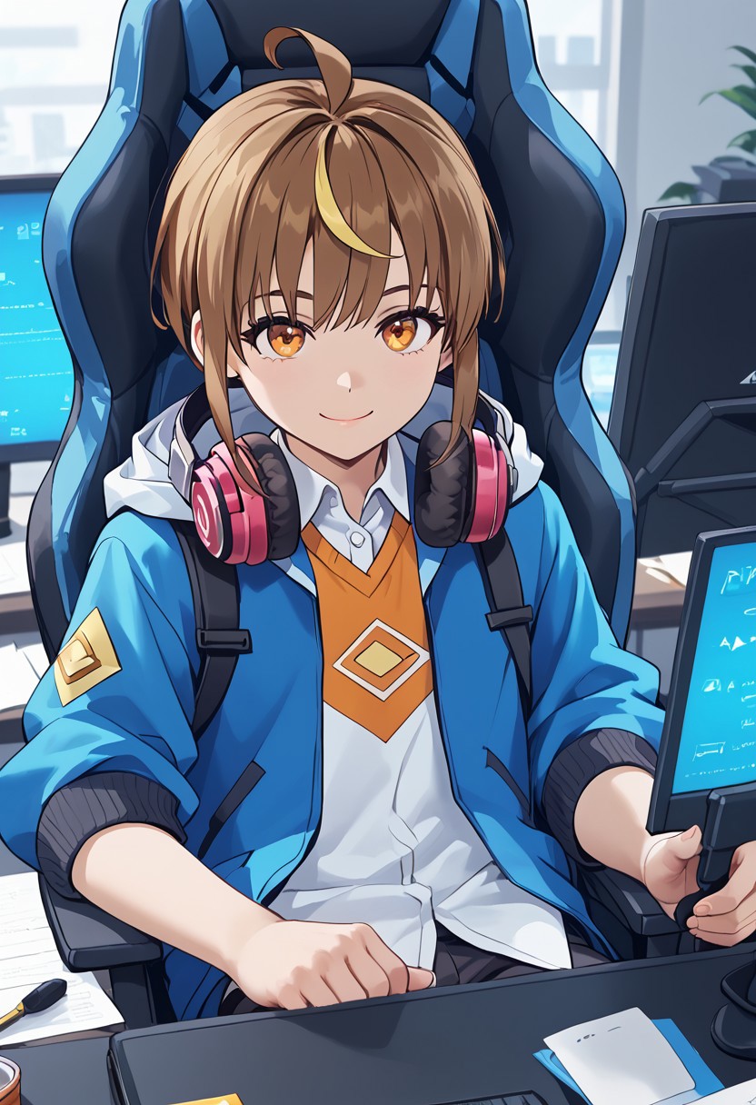 score_4,score_5,score_6,score_7_up,score_8_up,score_9 ((masterpiece,best quality,ultra detailed,highres,HD,4k:1.2)), 
1boy,((solo,solo focus)),boy focus,face focus,
 brown hair,multicolored hair,yellow streaked hair,bangs,ahoge,sidelocks,orange eyes, petite,
headphones around neck,open clothes,blue jacket,shirt,collared shirt, pants, 
Desk, video game, playing game, sitting in gaming chair,
closed mouth,light smile,