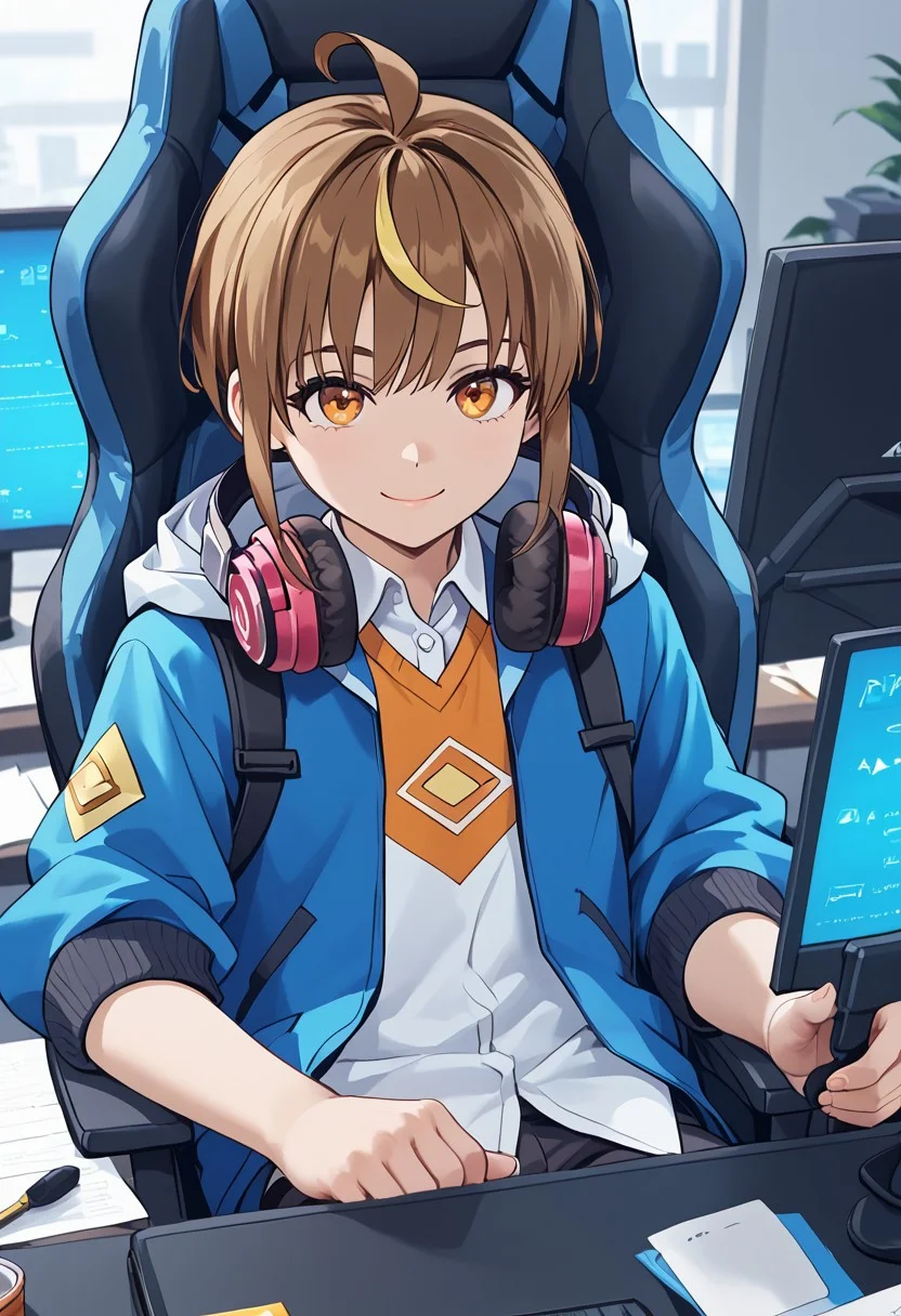 score_4,score_5,score_6,score_7_up,score_8_up,score_9 ((masterpiece,best quality,ultra detailed,highres,HD,4k:1.2)), 
1boy,((solo,solo focus)),boy focus,face focus,
 brown hair,multicolored hair,yellow streaked hair,bangs,ahoge,sidelocks,orange eyes, petite,
headphones around neck,open clothes,blue jacket,shirt,collared shirt, pants, 
Desk, video game, playing game, sitting in gaming chair,
closed mouth,light smile,