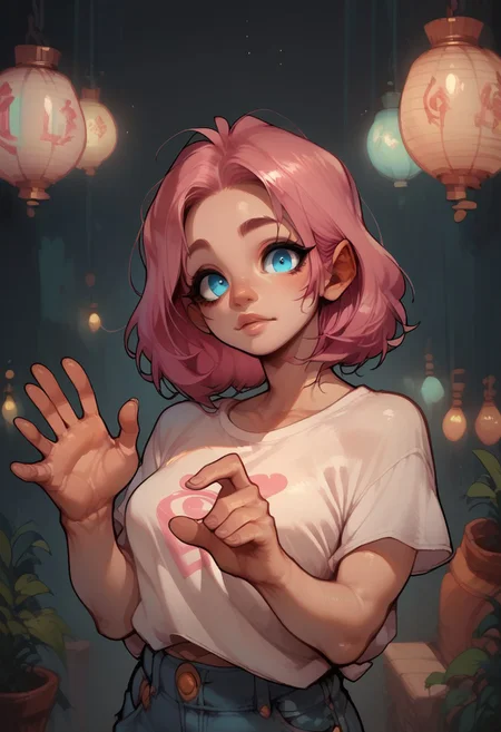 score_9, score_8_up, score_7_up, score_6_up, score_5_up, score_4_up,a beautiful woman with a pink hair in the arm chair, sfw, loose t-shirt, jeans, blue eyes, global lights and shadows, dynamic angles, dymanic poses, sharp image, sharp textures, pastel colors, cartoon, she looks at viewer with love, only bare her shoulders, good hands, curvy,