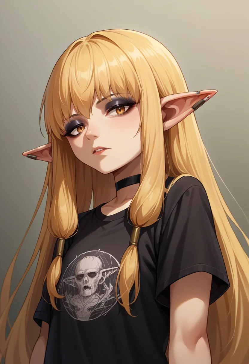 score_9, score_8_up, source_anime, 1girl, solo, Serie, long hair, hair tubes, ear bar, black shirt, t-shirt, black choker, goth, eyeliner, eyeshadow, <lora:ChamSeriePonyXL:1>
