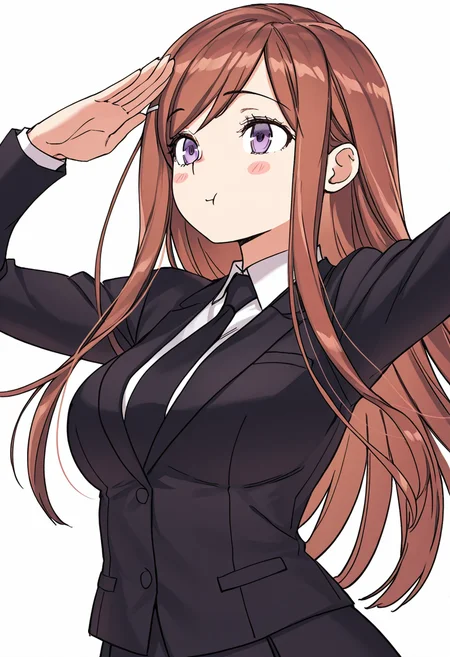 Smooth Quality,masterpiece,very intricate, high quality details, ultra realistic, high detailed skin,detailed enviorement,absurdres,
simple background, white background, dancing,skindentation, solo,front view,salute,
<lora:Dasom_Lee_CNR:0.8> dasom_cnr, 1girl, brown hair, long hair, bangs, purple eyes,hairclip,dasom_uniform_cnr, school uniform,white shirt, collared shirt, black jacket, black skirt,pencil skirt,black necktie,, blush stickers,, :t,