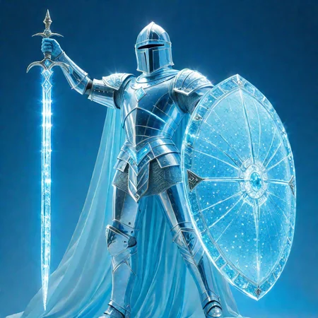A Glorious Knight with Shield holding a fist up, He is made of light and aquamarine blue crystal <lora:ArsMorph_-_World_of_Light_-_SDXL:0.8> arsworldoflight