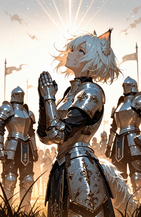 masterpiece, best quality, newest, absurdres, highres,
female, petite, cat ears, ear tufts, fluffy tail,
(armor:1.5), faulds, armored gloves, vambraces, armored pants, (ornate:1.5), white, praying