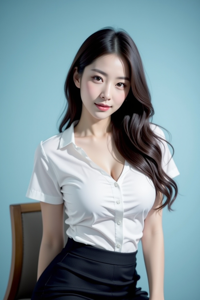 [5][24_94]<lora:SofiaFluxV1:1>, Realistic photograph, masterpiece, Against a soft, true gradient blue background, a stunning real large breasts Japanese woman with long, flowing dark hair, her piercing gaze directly addressing the viewer. skirt, looking at viewer, smile, brown eyes, chair, shirt, black skirt, lips, indoors, short sleeves, realistic, white shirt, parted lips