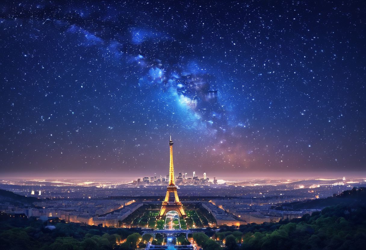 beautiful city in the night sky with Eiffel tower in her center, stars, anime style, dreamy, fantasy. The painting depicts a beautiful city under the night sky filled with stars in the style of anime. The scene seems dreamy and fantastical, 8K,