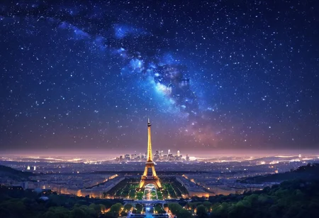 beautiful city in the night sky with Eiffel tower in her center, stars, anime style, dreamy, fantasy. The painting depicts a beautiful city under the night sky filled with stars in the style of anime. The scene seems dreamy and fantastical, 8K,