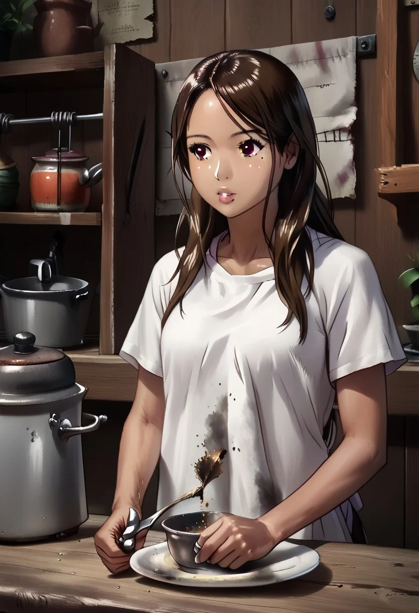 1girl, Clementine Morena, solo, hispanic, tan skin, brown eyes, athletic physique, brown hair, long hair, shiny hair, mole on left cheek, white t-shirt, black athletic shorts, white apron, stained apron,
pursed lips, whistling, mixing ingredients, potion,
variety, close up, face focus, detailed face,
((Indoors, workshop, hotplate, pot, mason jars)), clean lines, smooth colors, sfw, source: semi-realistic, rating: pg, score: 8 up, score: 9