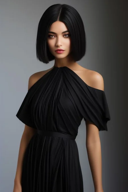 masterpiece, best quality, ultra detailed, bellissima, 1girl, black dress Armani style, perfect eyes, very short hair, black hair, cowboy shot