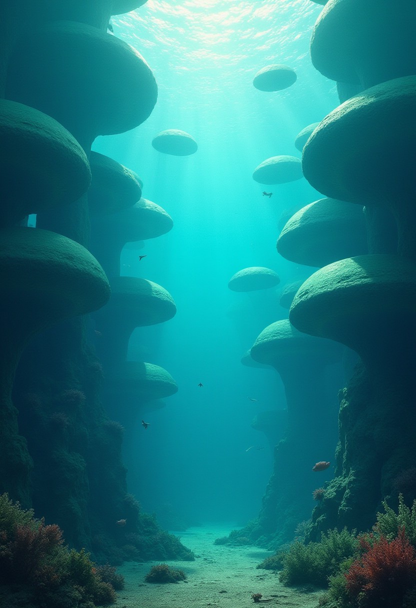 An underwater metropolis with bubble domes, inhabited by merfolk and sea creatures,