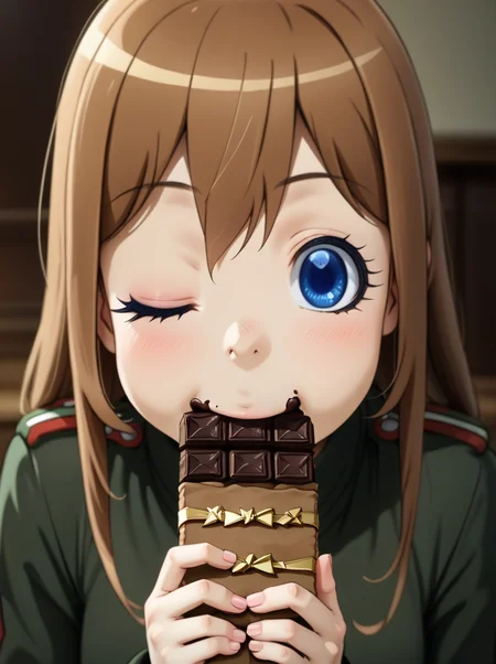 score_9, score_8_up, score_7_up, BREAK source_anime,
<lora:youjo_senki_Viktoriya_Serebryakov:0.8>,
visha,, 1girl, blue eyes, chocolate, solo, one eye closed, brown hair, chocolate bar, uniform, military uniform,, food, long hair,eating