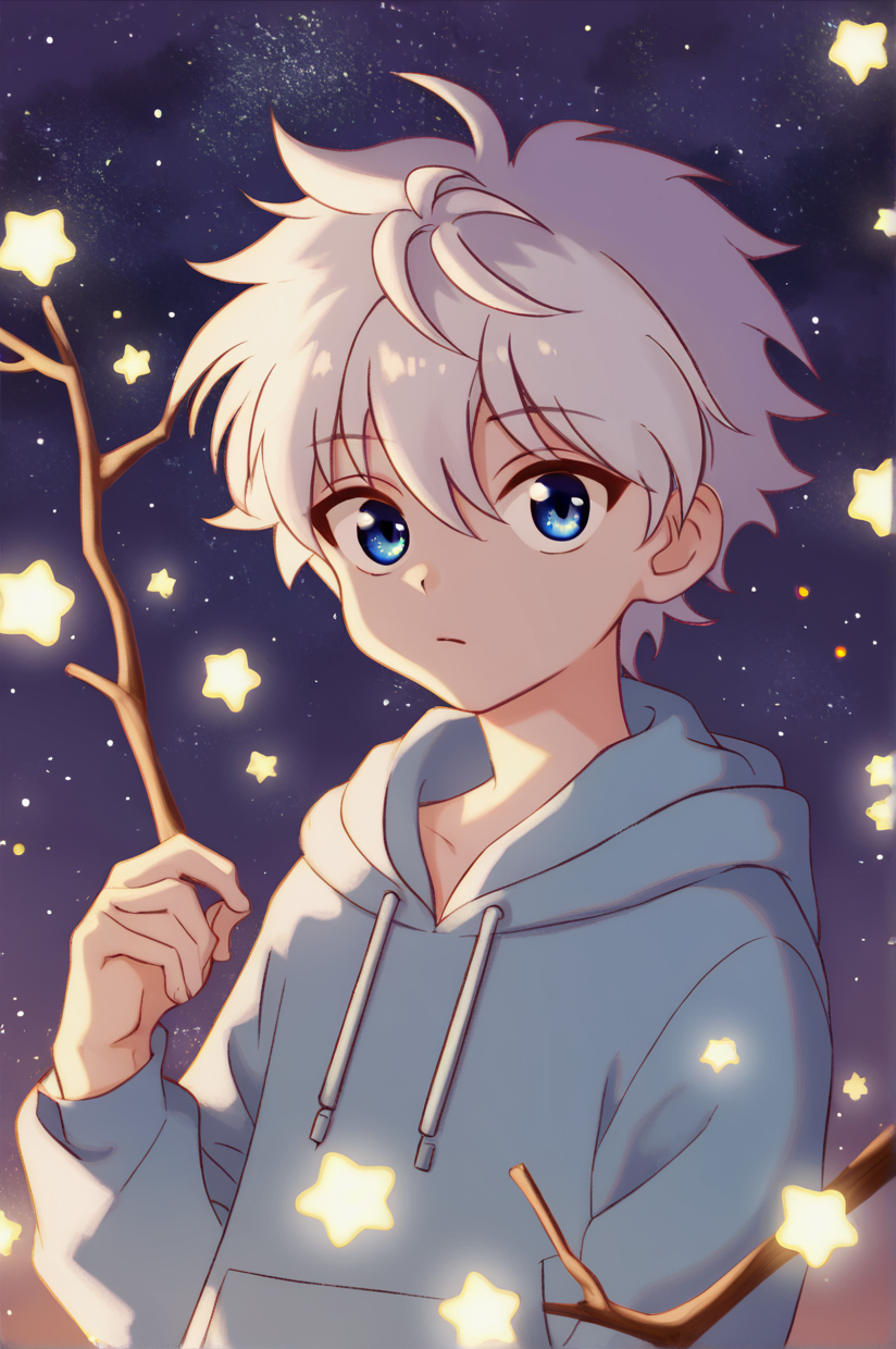 killua_zoldyck, 1boy, solo, short hair, bangs, blue eyes, holding, hair between eyes, upper body, white hair, male focus, sky, hood, hoodie, night, glowing, moon, hood down, star (sky), night sky, branch, male child, score_9, rating_safe <lora:xl_char_killua_zoldyck:1.0>