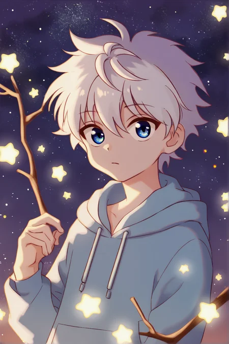 killua_zoldyck, 1boy, solo, short hair, bangs, blue eyes, holding, hair between eyes, upper body, white hair, male focus, sky, hood, hoodie, night, glowing, moon, hood down, star (sky), night sky, branch, male child, score_9, rating_safe <lora:xl_char_killua_zoldyck:1.0>