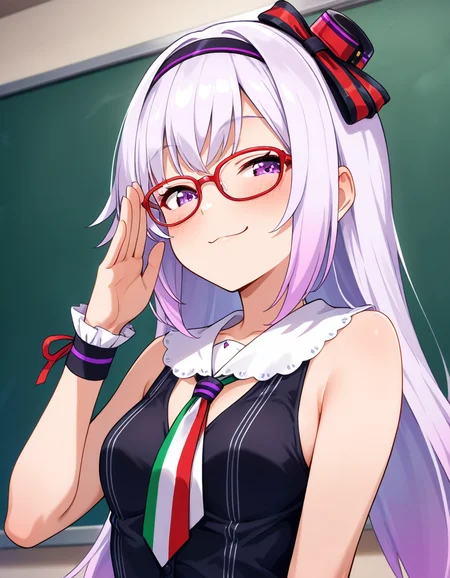masterpiece, best quality, very aesthetic, absurdres, carropino, 1girl, long hair, light purple hair, hairband, mini hat, light purple eyes, glasses, multicolored necktie, sleeveless, smug, adjusting eyewear, chalkboard, (upper body:1.5), <lora:ILcarropino:0.7>