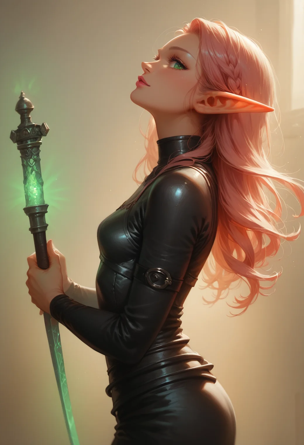 safe_pos, score_9, score_8_up, score_7_up, pov from the side, dynamic pose, beautiful, pink hair, female elf, glowing green eyes, long hair, small breasts, pink lipstick, dark black leather armor, holding enchanted shortsword, the sword is black with silver glowing details, dungeon background,
BREAK
(((full clothed))), womn,<lora:Womnv2-000006:1>, <lora:hand 5.5:0.75>