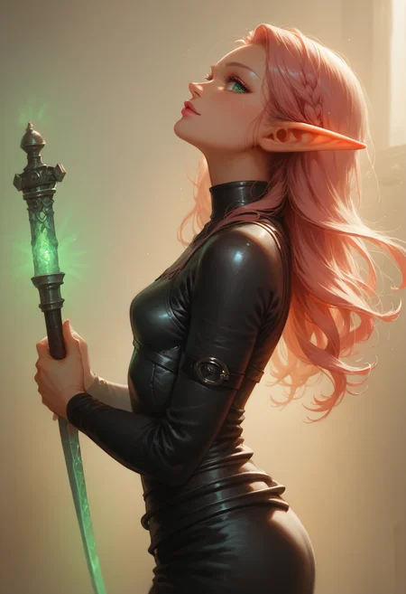 safe_pos, score_9, score_8_up, score_7_up, pov from the side, dynamic pose, beautiful, pink hair, female elf, glowing green eyes, long hair, small breasts, pink lipstick, dark black leather armor, holding enchanted shortsword, the sword is black with silver glowing details, dungeon background,
BREAK
(((full clothed))), womn,<lora:Womnv2-000006:1>, <lora:hand 5.5:0.75>