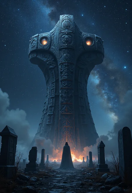 In the center of the scene, a tomb guardian crafted from an unknown metal stands before a massive extraterrestrial monument. Its figure is tall and resolute, with eyes that seem to pierce through time and space, gazing into the endless darkness beyond. Its surface is adorned with complex symbols and patterns, each seemingly carrying the secrets and tragedies passed down for thousands of years on this land.
Surrounding the tomb guardian are the forgotten extraterrestrial graves. The "tombstones" here are no longer stone or metal but variously shaped and worn objects by time's erosion. They might have once been symbols of civilization, now silently narrating the tales of demise and decline.
The night wind blows gently, bringing with it coldness and desolation, yet the tomb guardian stands firm as if waiting for something, or perhaps guarding some eternal entity. Its deep-set eyes seem to hold a power beyond time and space, prompting one to contemplate: Who does this tomb guardian exist for? Or maybe, it is just an isolated mournful being in the universe, silently witnessing the cycles of all things.
In the background, distant galaxies appear particularly tranquil under the cloak of night, forming a stark contrast with the figure of the tomb guardian. Such a scene inevitably leads to contemplation of the secrets hidden at the farthest reaches of the cosmos and those entities that transcend human understanding.
8k,uhd,hdr,best quality,hyper detail,ray tracing,cinematic feel,professional photography lighting.
midjourneyv6.1.
