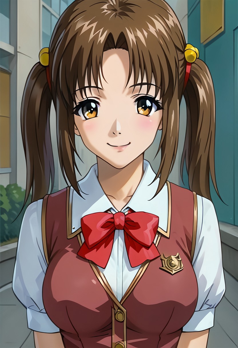 SCORE_9, SCORE_8_UP, SOURCE_ANIME, REALISTIC, FACE FOCUS, CLOSE UP, PORTRAIT, BREAK, 1FEMALE, SOLO, YUNA WAKAO, BROWN HAIR, TWINTAILS, HAIRTIE, AMBER EYES, SMIRK, EXITED, SCHOOL VEST, SHORT BALOONSLEEVES, BOWTIE, MINI SKIRT, SOCKS, LOAFERS, ARMS CROSSED, BREAK, SUNNY DAY, OUTSIDE, PARK SIDEWALK, HIGH RESOLUTION, VIVID TEXTURES