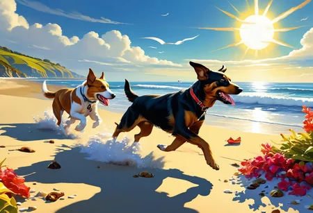Jed-FanSea, two dog running on beach, sunny day, epic art, stunning detail, beautiful detailed supreme quality color intricate