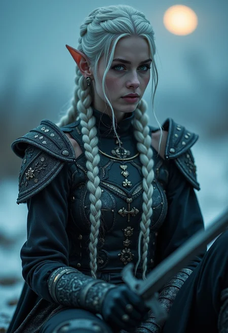 light particles coming from a sword, soft lighting, volumetric lighting, intricate details
Cinematic shot of a masterpiece 30mm close up
A Female warrior with dark, ashen skin and long, long silver-white hair, intricate braids. She has an ethereal and otherworldly presence, with sharp, elf-like ears and adorned in elaborate, dark armor with detailed engravings and metallic patterns. 
Her expression is somber and introspective as she sits quietly, her eyes are silver, in a cold and desolate landscape under a dim, moonlit sky. 
Her armor is very detailed with decorations, giving her an air of nobility.
She wears intricate jewelry, which add to her regal and mysterious aura. The atmosphere around her is dark and moody, with a cold blue hue that accentuates her powerful personality