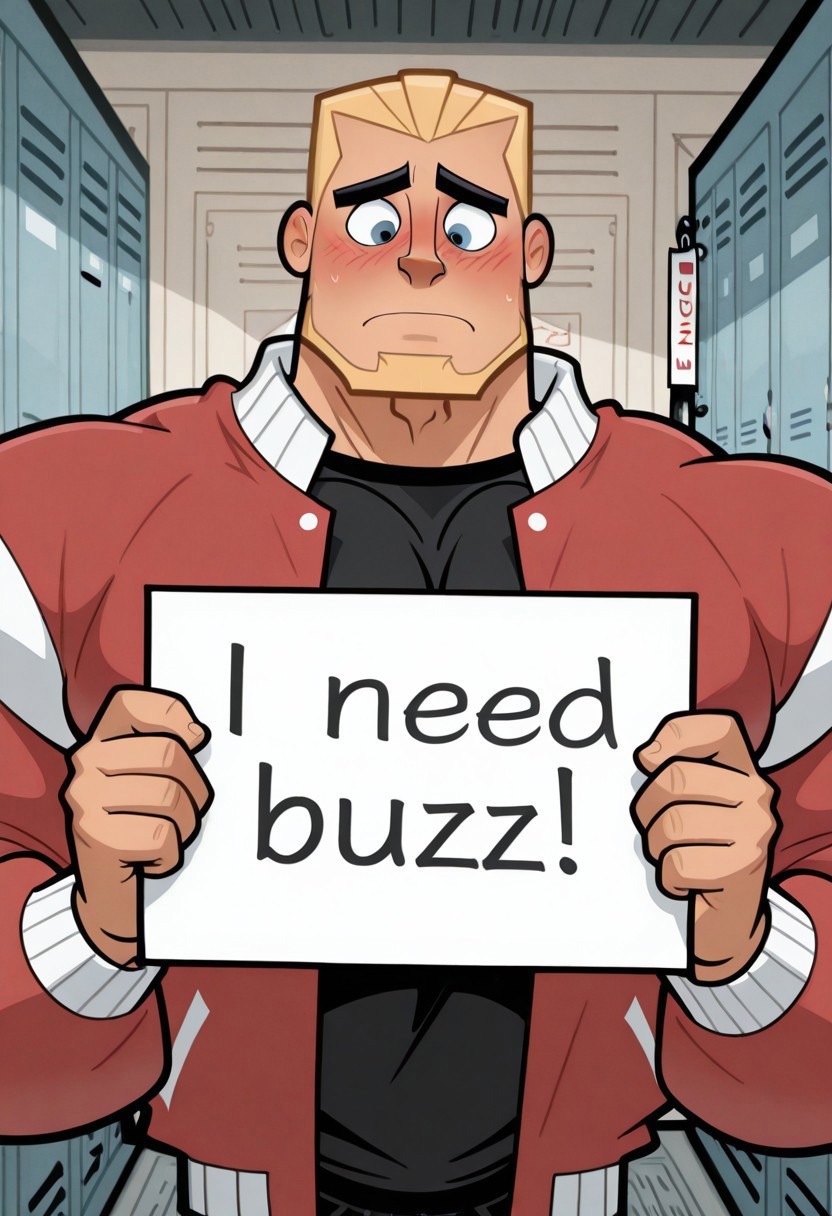 masterpiece, need_buzz, holding sign, 
1boy, solo, lockers background, muscular, begging, shy, blush, facial hair, blonde angular hair, thick black eyebrows, blue eyes, red letterman jacket with white collar, black shirt, chin facial hair