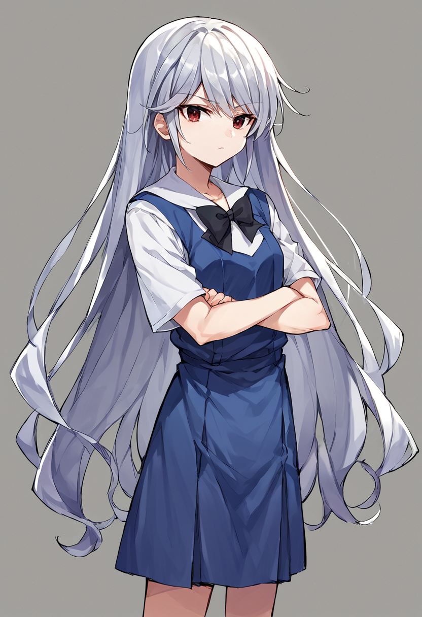 score_9, score_8_up, score_7_up, score_6_up, score_5_up, score_4_up, source_anime,  kazami kazuki, silver hair, long hair, red eyes, school uniform, black bow, standing, arms crossed  <lora:KazukiPonyXL-000024:1>