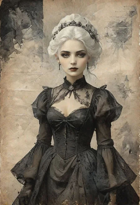 poster, fashion, gothic style, white hair, black dress, vintage, painting on papper, vector, flat, muted faded color, (Mikhail Vrubel:1.4), on parchment