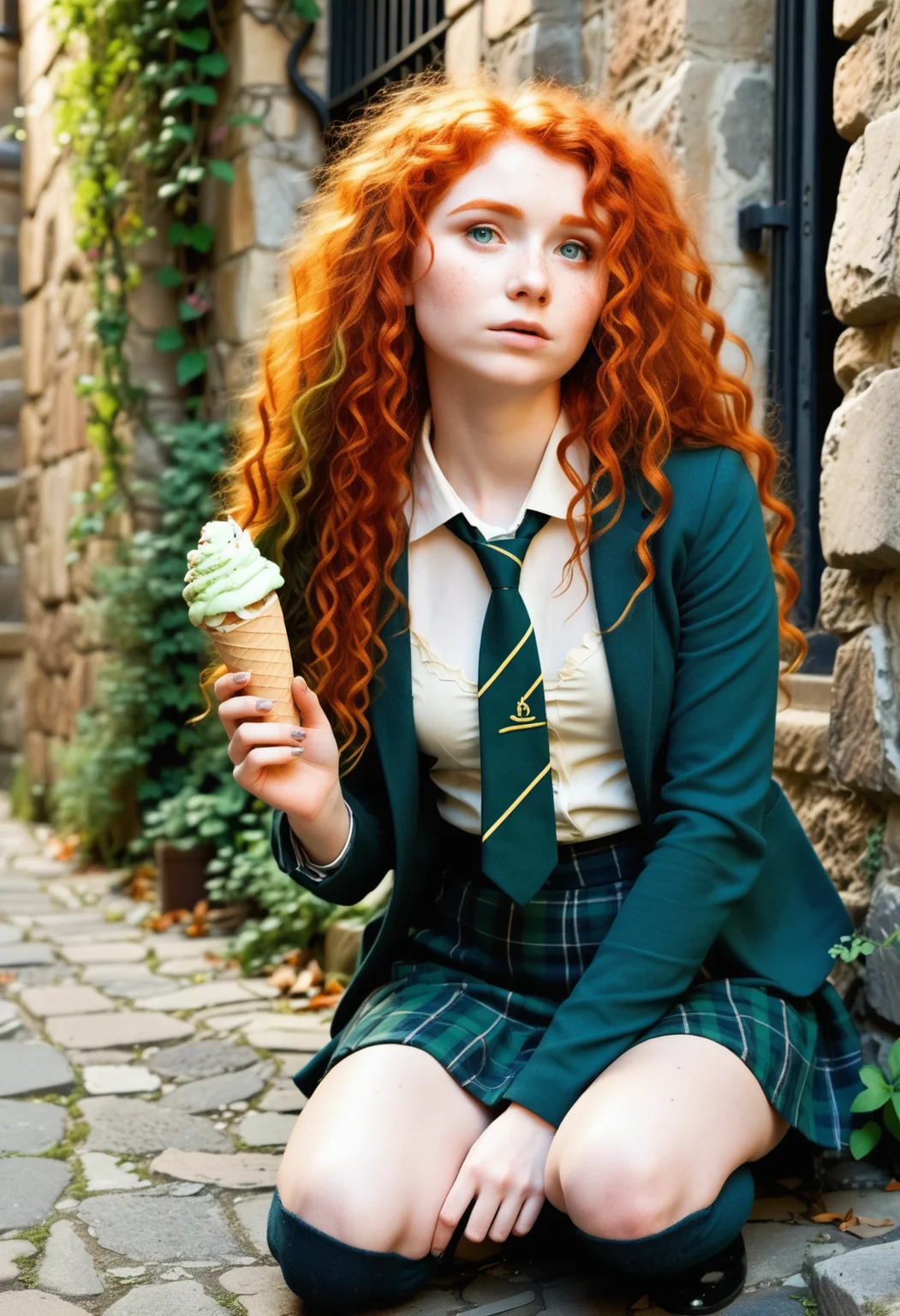 MeridaXLP,freckles,cleavage,wavy hair , (on her knees, gelato:1.2), A high resolution professional cosplay photograph of Merida, the fiery-haired Disney princess from Brave, dressed in a modern schoolgirl outfit. She has her signature wild, curly red hair cascading down her shoulders, with a few strands playfully framing her freckled face. Her emerald green eyes shine with mischief and determination. She is topless and wears a stylish school uniform consisting of a plaid skirt in shades of green and navy, a fitted blazer with gold buttons, knee-high socks, and polished black shoes. A loosely tied tie hangs around her neck, giving her a rebellious yet charming look. The background is softly blurred, depicting a grand old-school building with stone walls and ivy creeping up the sides, adding to the academic yet whimsical atmosphere.