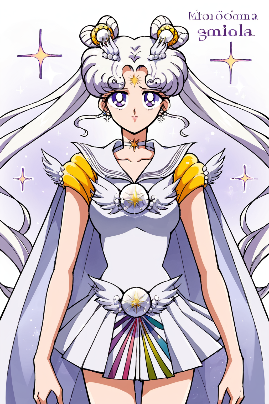 score_9, score_8_up, score_7_up, score_6_up, score_5_up, score_4_up, 1girl, sailor cosmos, standing, upper body, solo, long hair, skirt, hair ornament, twintails, jewelry, purple eyes, white hair, pleated skirt, earrings, choker, sailor collar, hair bun, cape, character name, double bun, facial mark, white skirt, brooch, white sailor collar, hairpin, forehead mark, white choker, sailor senshi uniform , <lora:SailorCosmosPnyXL:1>