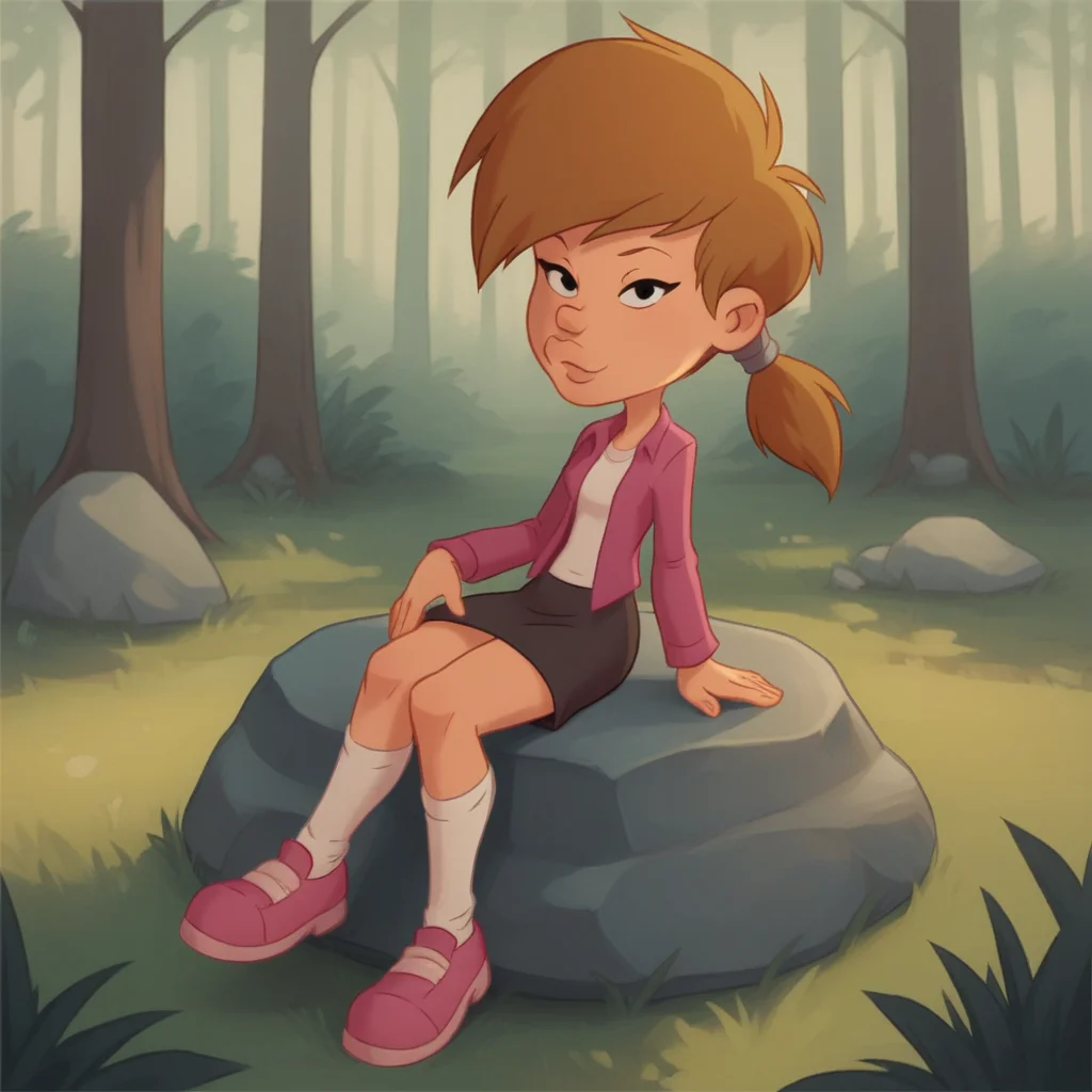 score_8_up, BREAK, 1girl, solo, NADIA, brown hair, black eyes, ponytail, shirt, long sleeves, skirt, socks, pink footwear, outdoors, forest, <lora:Nadia_titeuf_PXL_Leaf1:1>, looking at viewer, sitting on rock,
