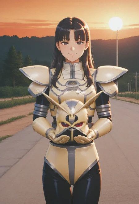 anime screencap, anime coloring,
solo, 1girl, cowboy shot
dark hair, long hair, curtain bangs, dark eyes looking at viewer, medium breasts, smile, (covered neck), BREAK
A9eha, white shirt, extend hands, holding helmets, gloves, bodysuit,
outdoors, road, sunset, dramatic lighting
<lora:DetailedPerfect_hands_r1:1> <lora:coveredneck_v1-000006:0.8>