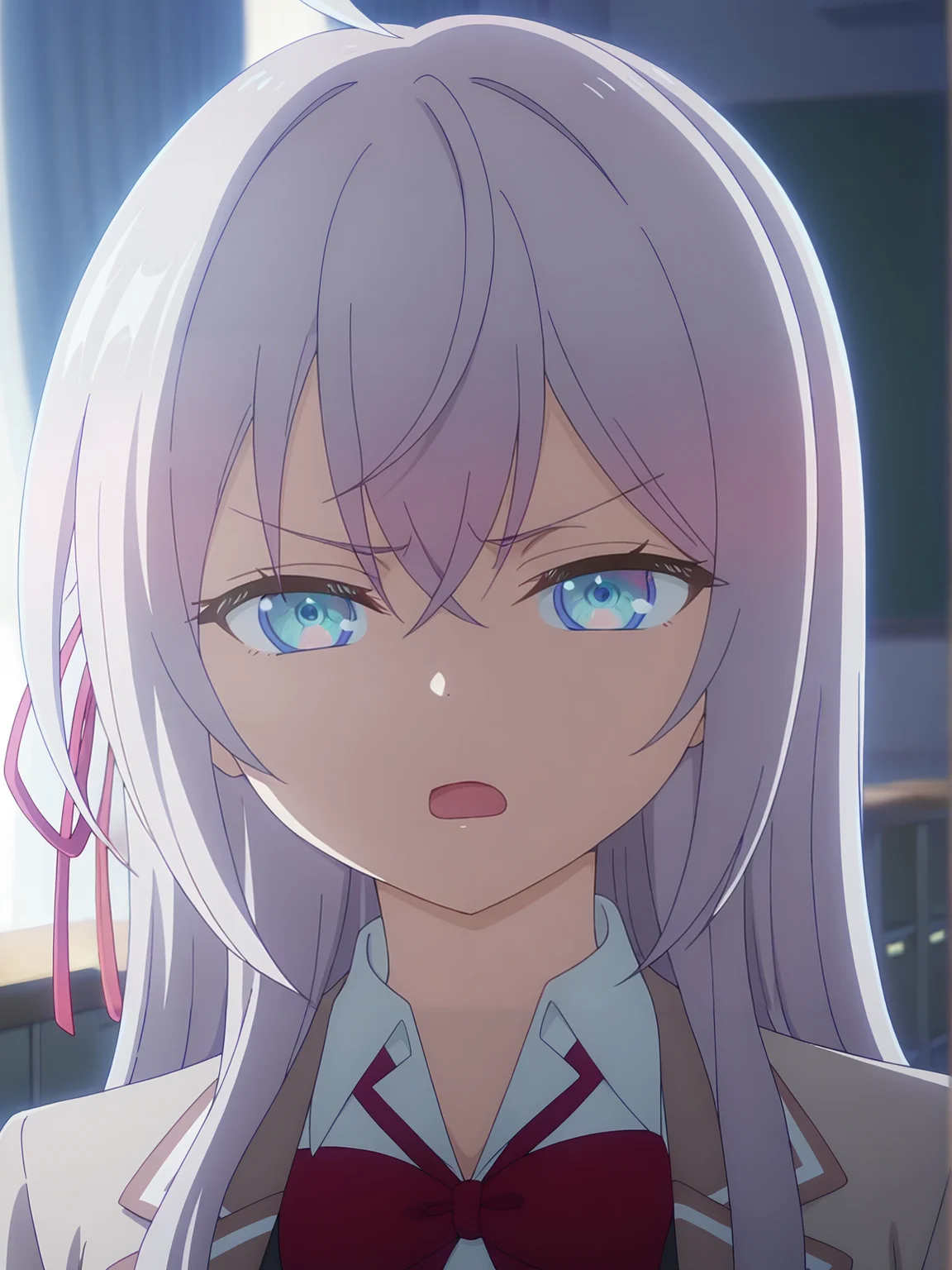 <lora:Alya_v2:0.9>, alya, 1girl, solo, blue eyes, long silver hair, ahoge, red hair bow, school uniform, beige blazer, white collared shirt, red necktie, black buttoned dress, worried, determined, open mouth, frown, narrowed eyes, standing, arms at sides, portrait, looking at viewer, indoors, window, blurry background, curtains, classroom, dark, backlighting