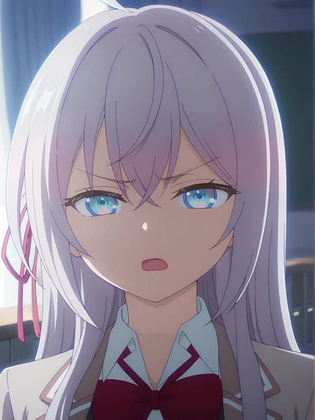 <lora:Alya_v2:0.9>, alya, 1girl, solo, blue eyes, long silver hair, ahoge, red hair bow, school uniform, beige blazer, white collared shirt, red necktie, black buttoned dress, worried, determined, open mouth, frown, narrowed eyes, standing, arms at sides, portrait, looking at viewer, indoors, window, blurry background, curtains, classroom, dark, backlighting
