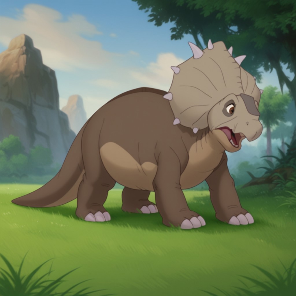 score_9, score_8_up, score_7_up, score_6_up, score_5_up, score_4_up, source_furry, thicknoselbt, feral, male,dinosaur, crest, spikes, Pachyrhinosaurus, brown skin, brown eyes,, standing, in a grassy field, open mouth